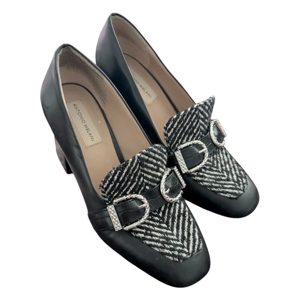 ANTONIO MELANI Animal Print Silver Buckle Chevron Block Heels- Size 8.5 Medium